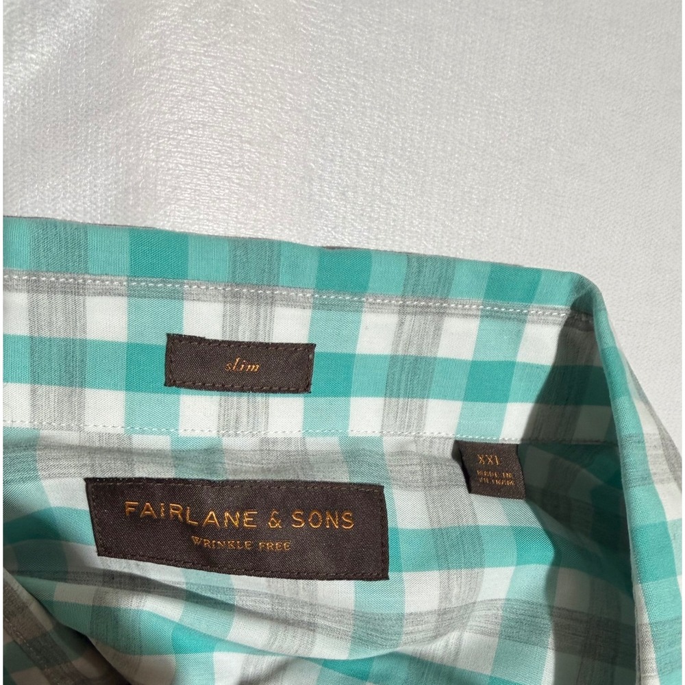 Fairlane & Sons Mens XXL Slim Fit Gingham Shirt Teal Grey Wrinkle Free Cotton - Picture 3 of 5